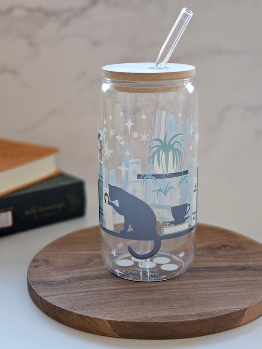 Books, Cat & Plants Lover Glass Cup