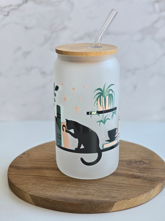 Books, Cat & Plants Lover Glass Cup
