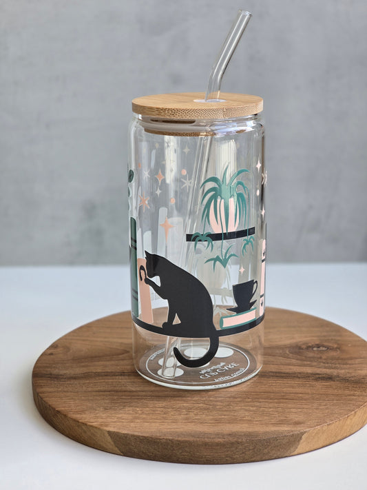 Books, Cat & Plants Lover Glass Cup