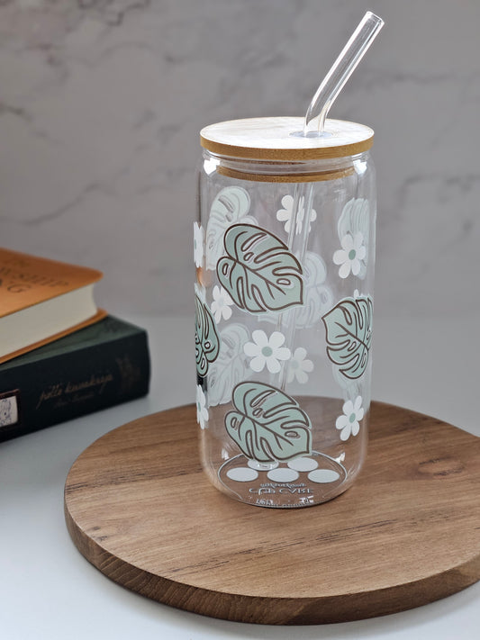 Daisy & Monstera Glass Cup