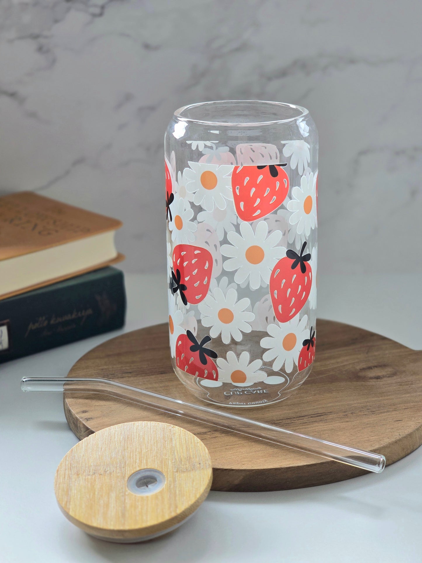 *Double-sided design* Daisy & Strawberry Glass Cup
