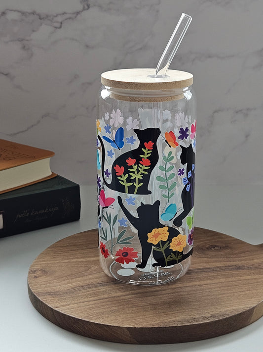 Floral Black Cats Glass Cup