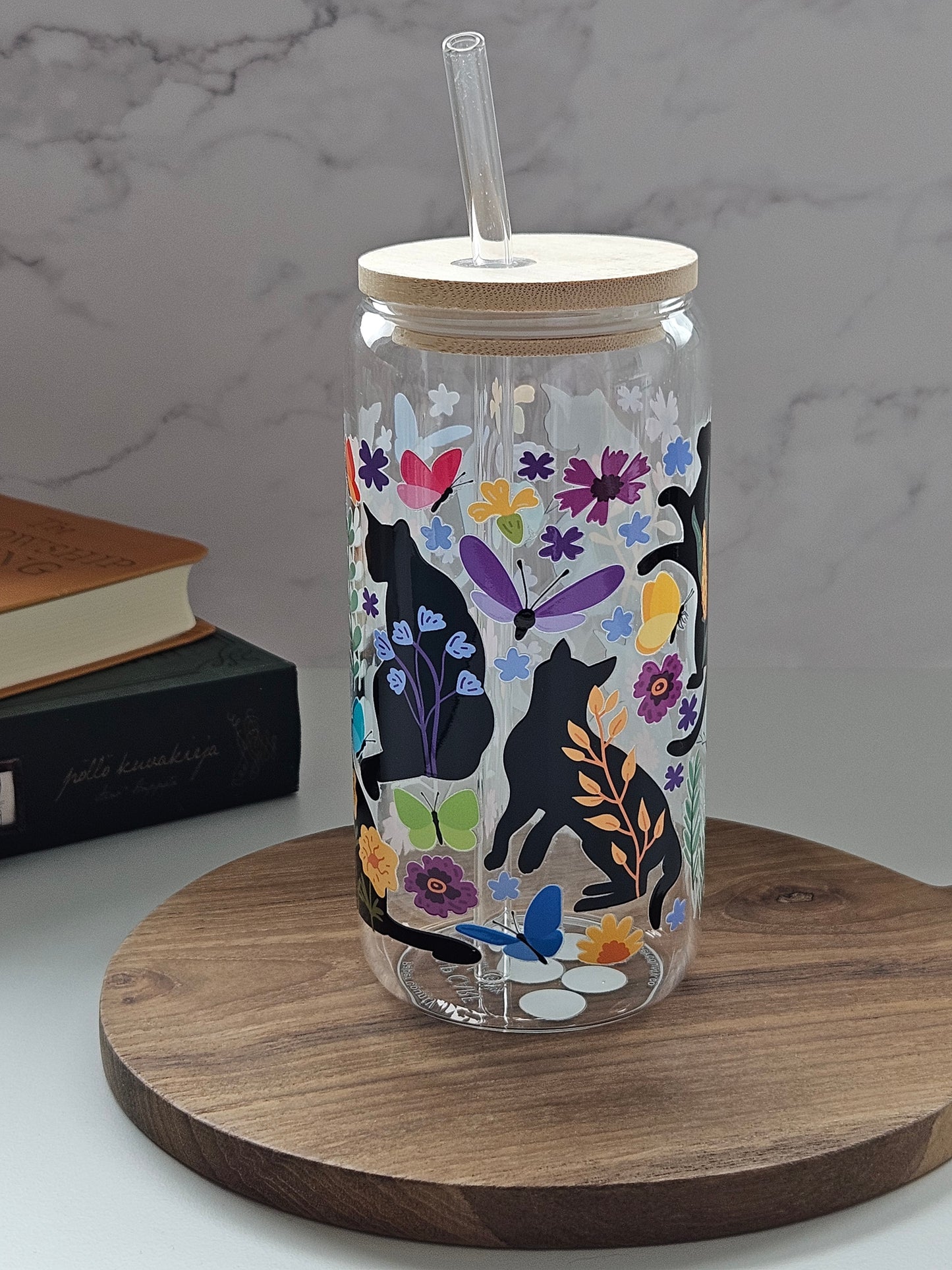 Florale Schwarze Katzen Glasbecher