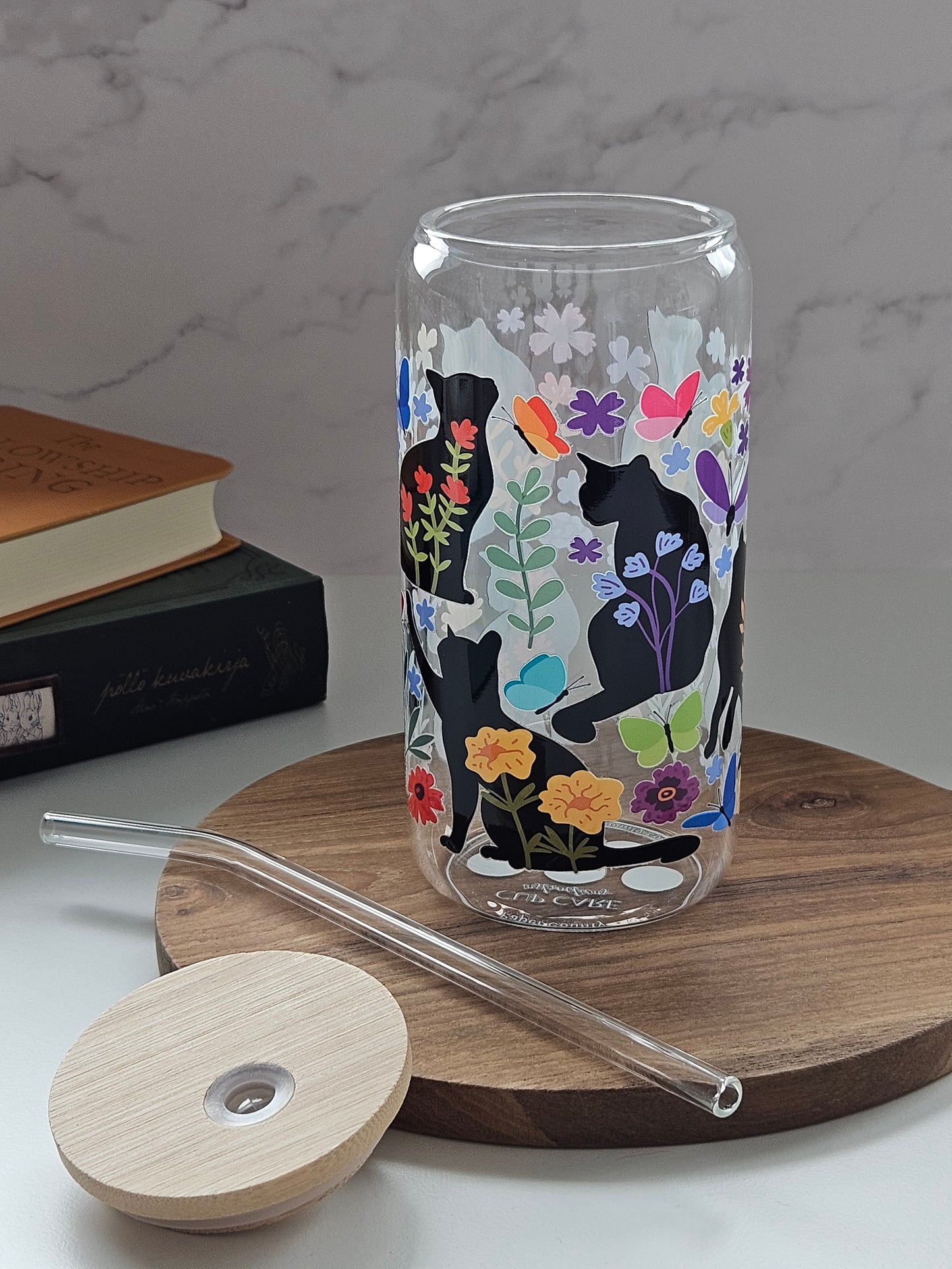 Florale Schwarze Katzen Glasbecher