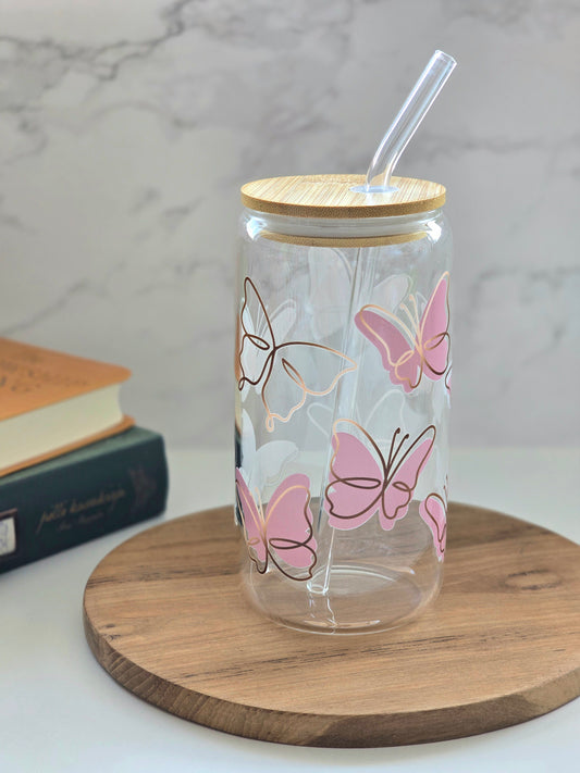 Pink Butterfly Glass Cup