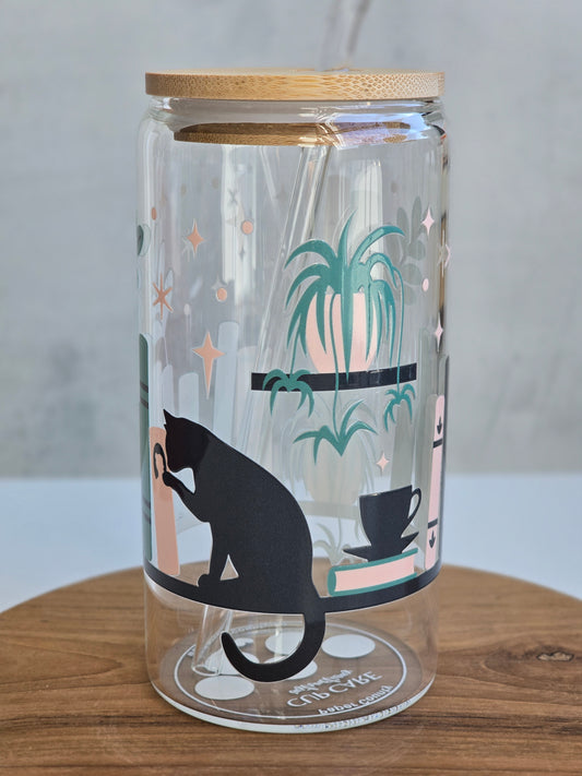 Books, Cat & Plants Lover Glass Cup