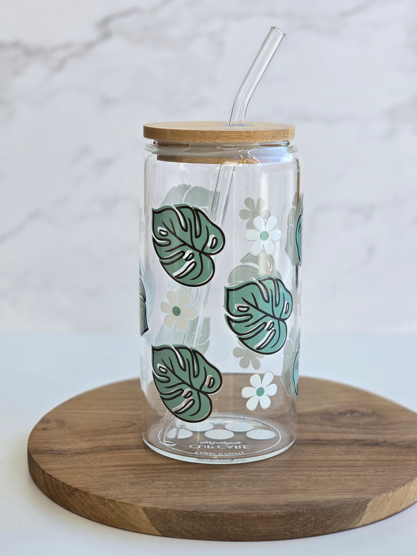 Daisy & Monstera Glass Cup