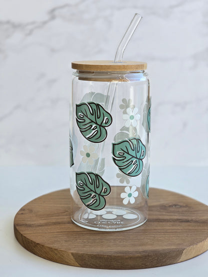 Daisy & Monstera Glass Cup