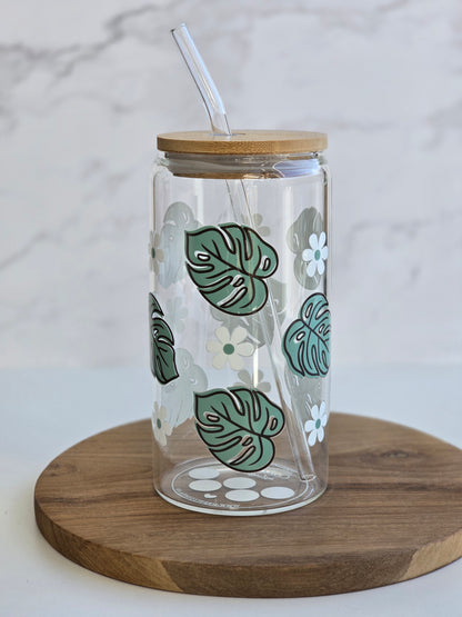 Daisy & Monstera Glass Cup