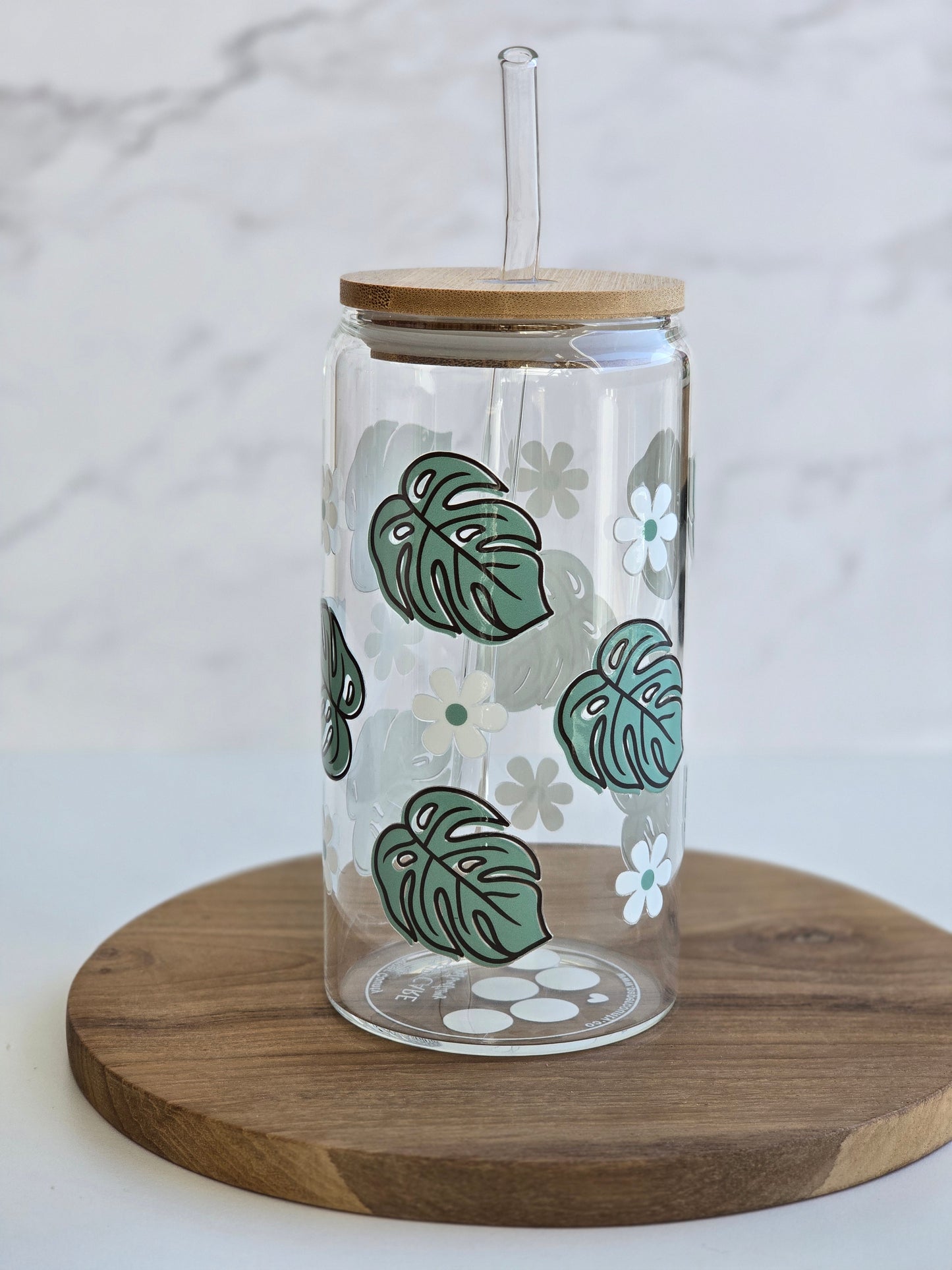 Daisy & Monstera Glass Cup