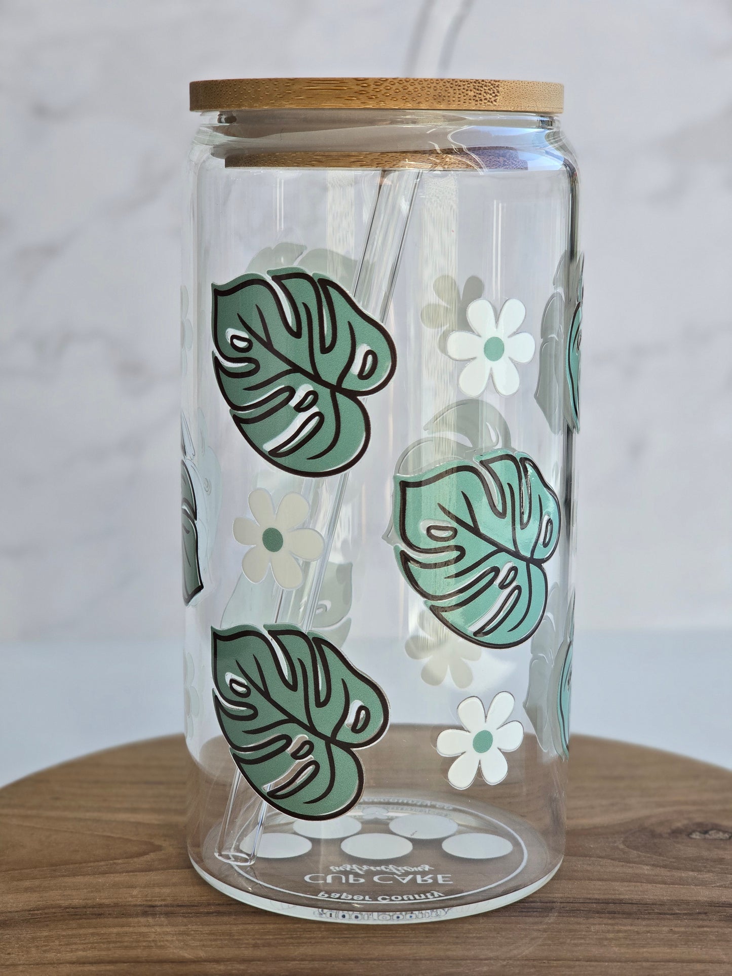 Daisy & Monstera Glass Cup