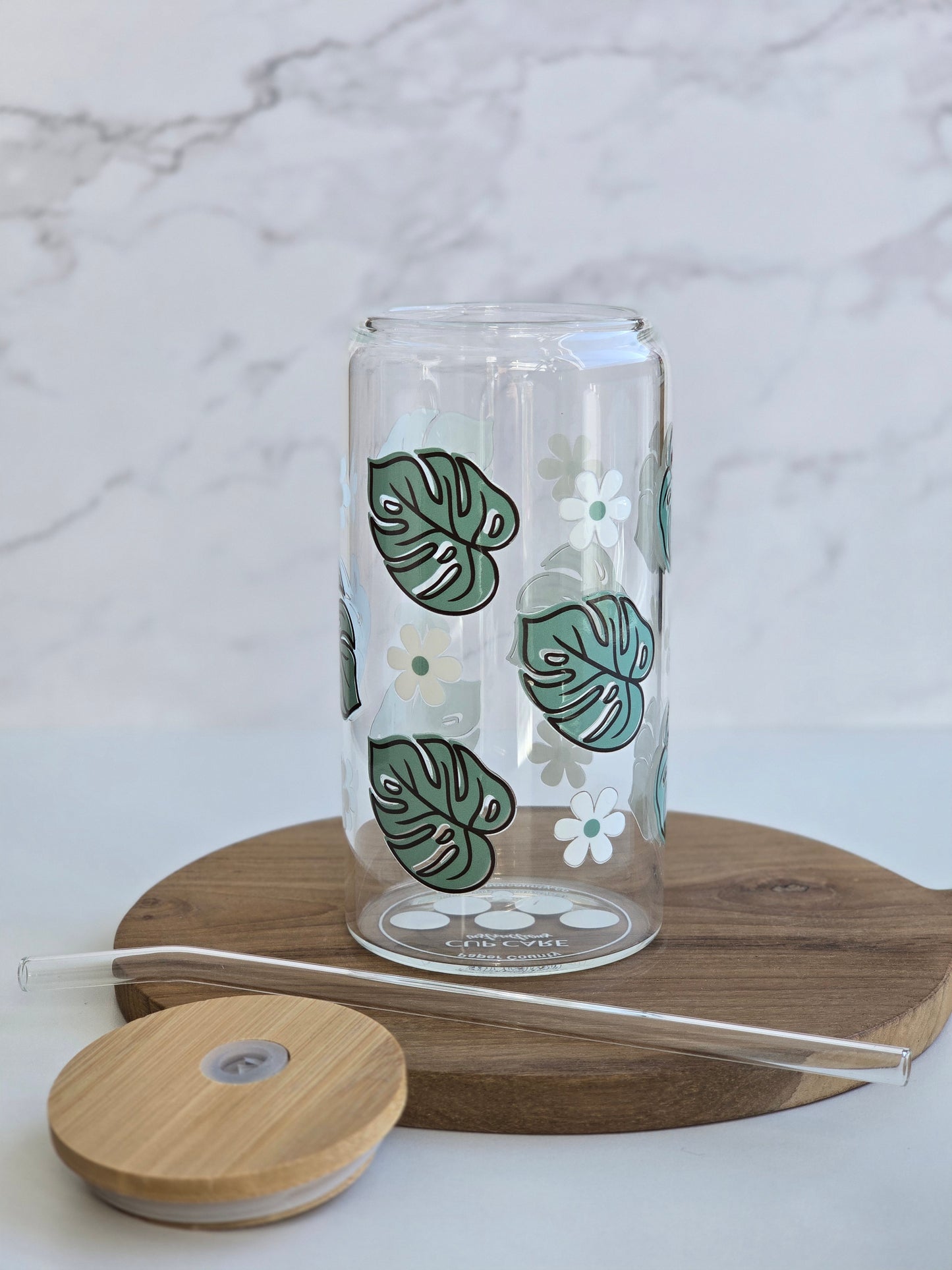 Daisy & Monstera Glass Cup