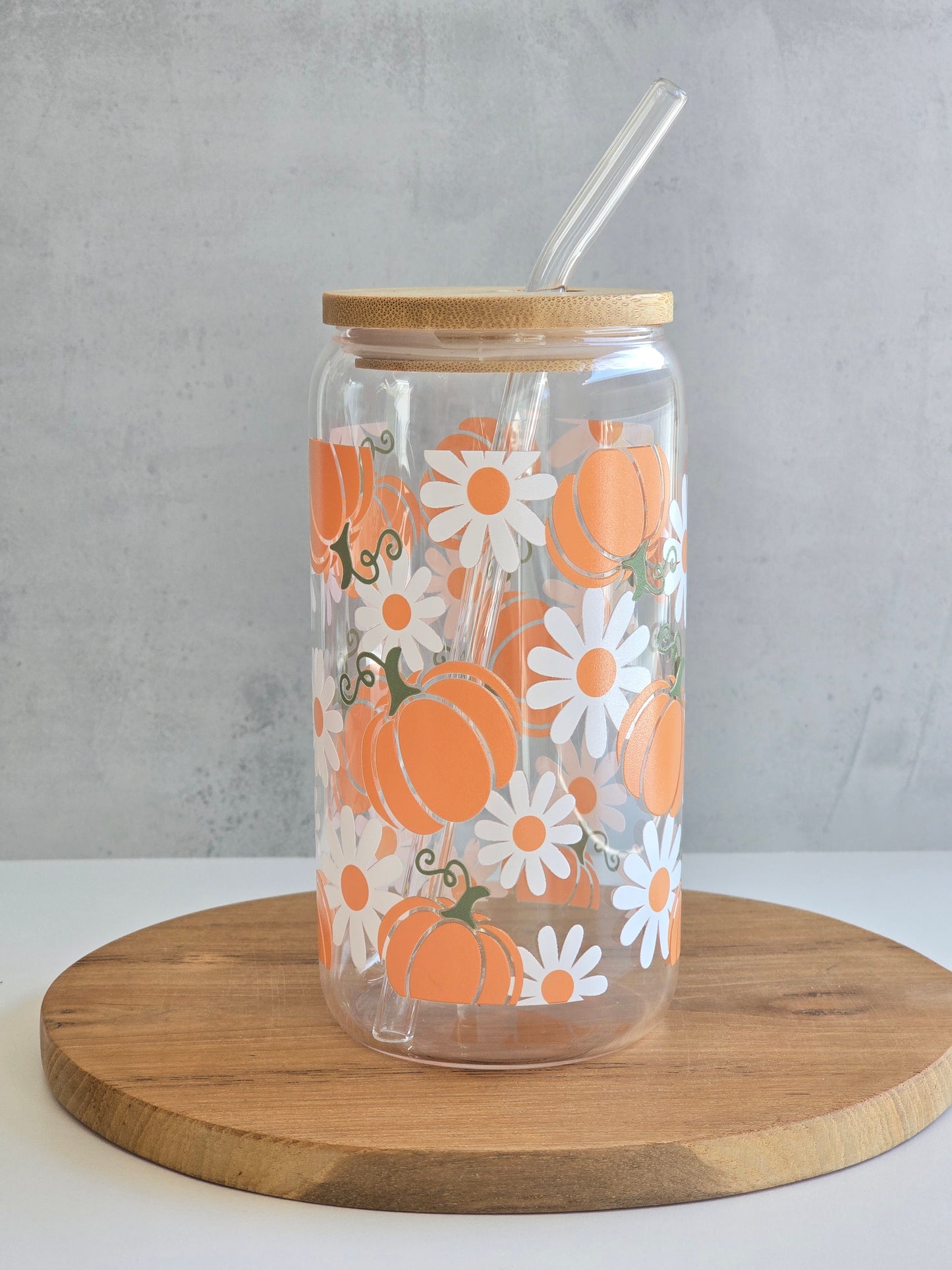 *Double-sided-design* Daisy and Pumpkin Glass Cup