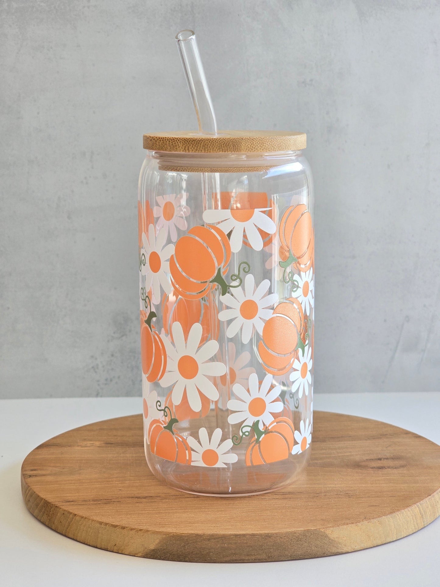 *Double-sided-design* Daisy and Pumpkin Glass Cup