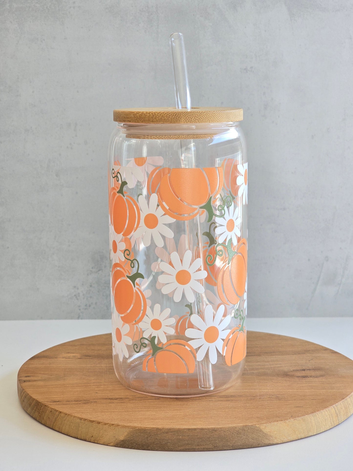 *Double-sided-design* Daisy and Pumpkin Glass Cup