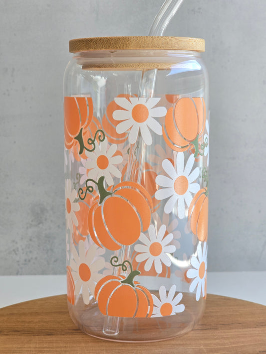 *Double-sided-design* Daisy and Pumpkin Glass Cup