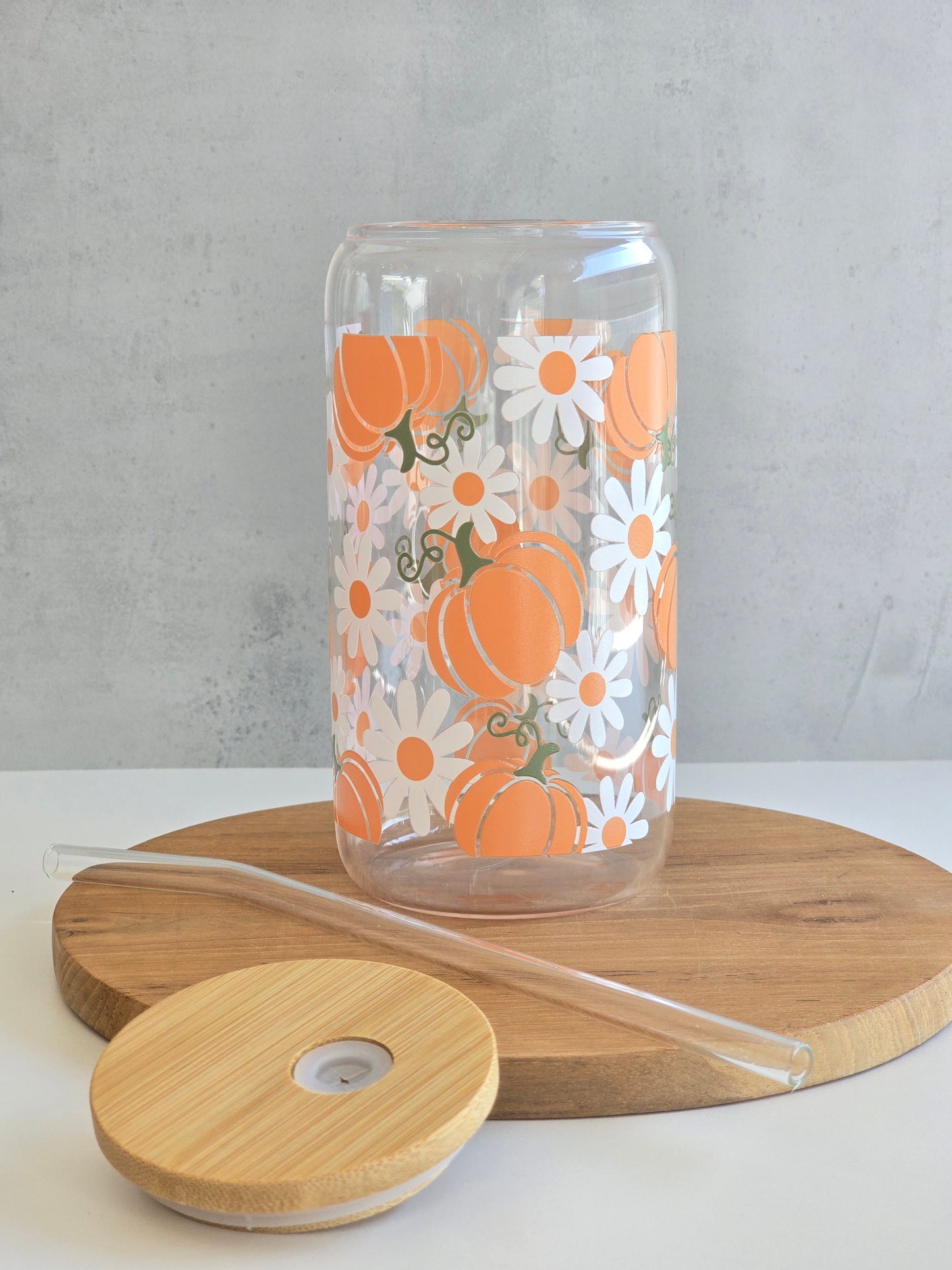 *Double-sided-design* Daisy and Pumpkin Glass Cup