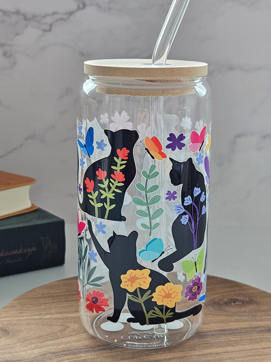 Tasse en Verre Chats Noirs et Fleurs