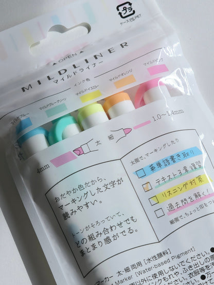 Surligneurs Zebra Mildliner – Couleurs Fluorescentes Douces (Set de 5)